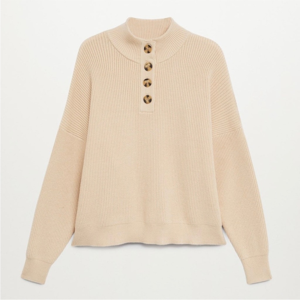 Mango Tan Quarter Button Collar Sweater XS